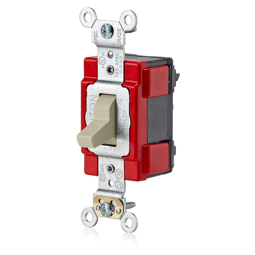Lev-lok Switch. Large Toggle. Quiet 3-way. 20A - 120/277V AC. 1 Hp At 120V. 2 Hp At 240V. Configured Red Cover With Ivory Toggle.