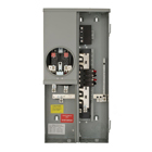 LOW VOLTAGE METER LOAD CENTER COMBINATION. FACTORY INSTALLED MAIN BREAKER 8 (1 INCH) SPACES INTERIOR ALLOWING MAX 16 CIRCUITS. 4-JAW METER / 1-PHASE SYSTEM RATED 200A. SPECIAL FEATURES OH FEED, RING TYPE COVER, SURFACE MOUNTING, EUSERC APPROVED