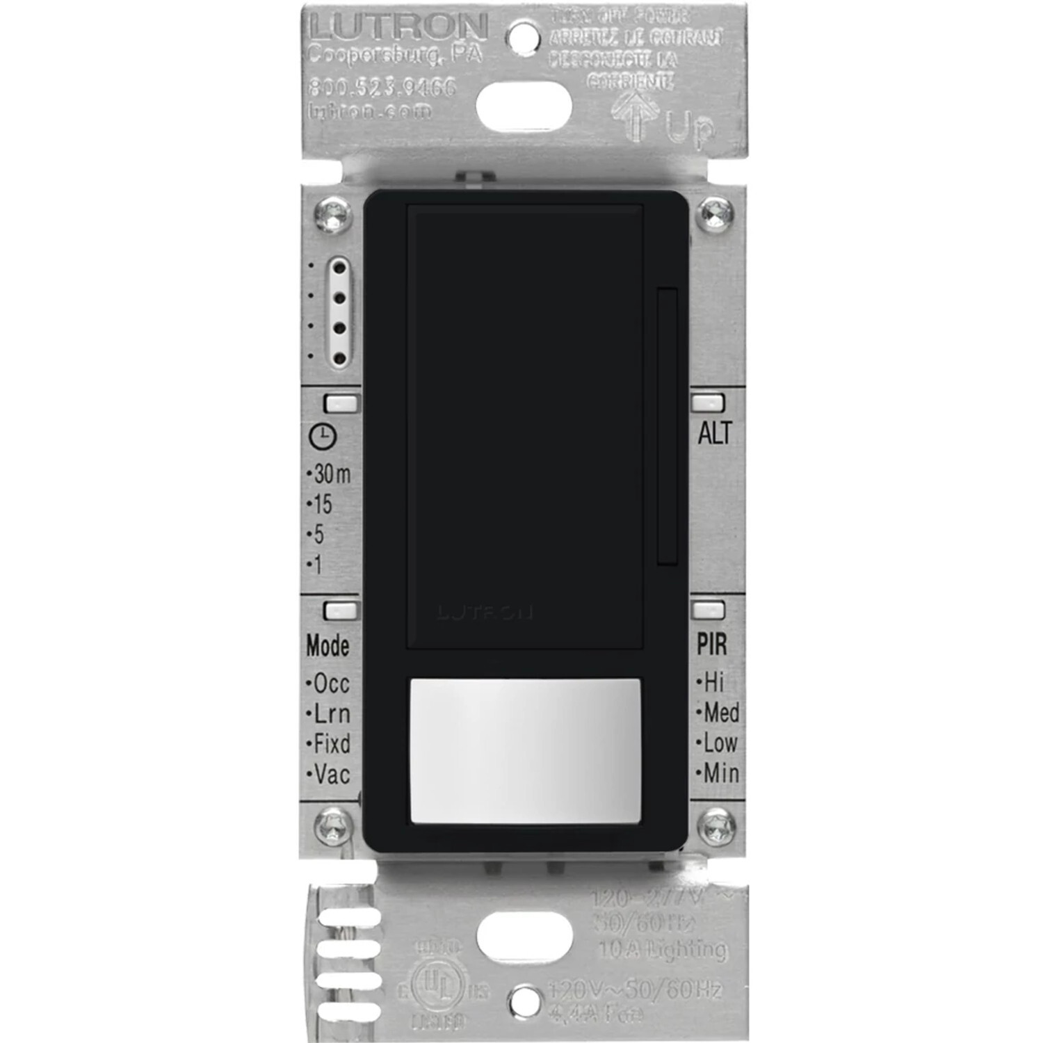 Maestro 0-10V dimmer vacancy sensor, passive infrared, 8A fluorescent ballast or LED driver, 120-277V, in black