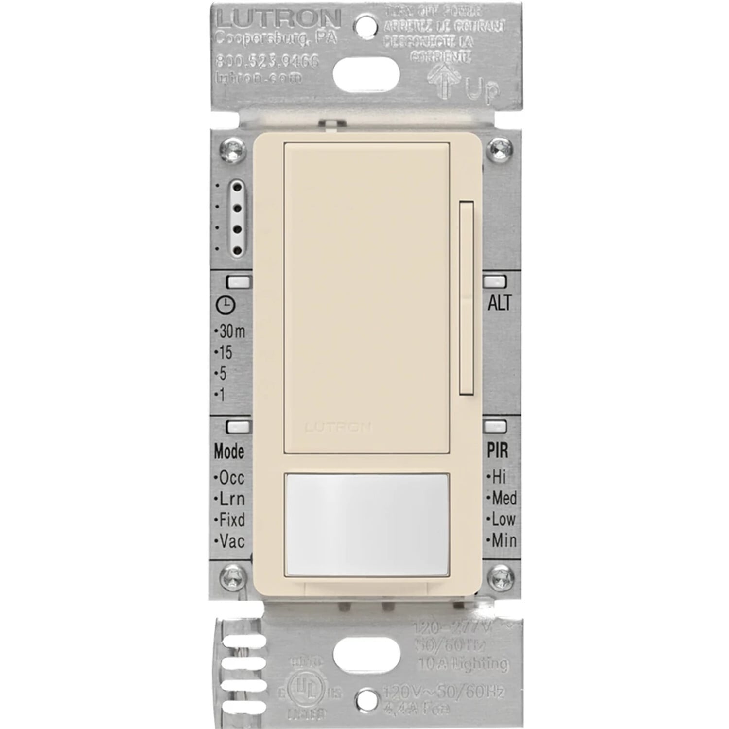Maestro 0-10V dimmer vacancy sensor, passive infrared, 8A fluorescent ballast or LED driver, 120-277V, in light almond