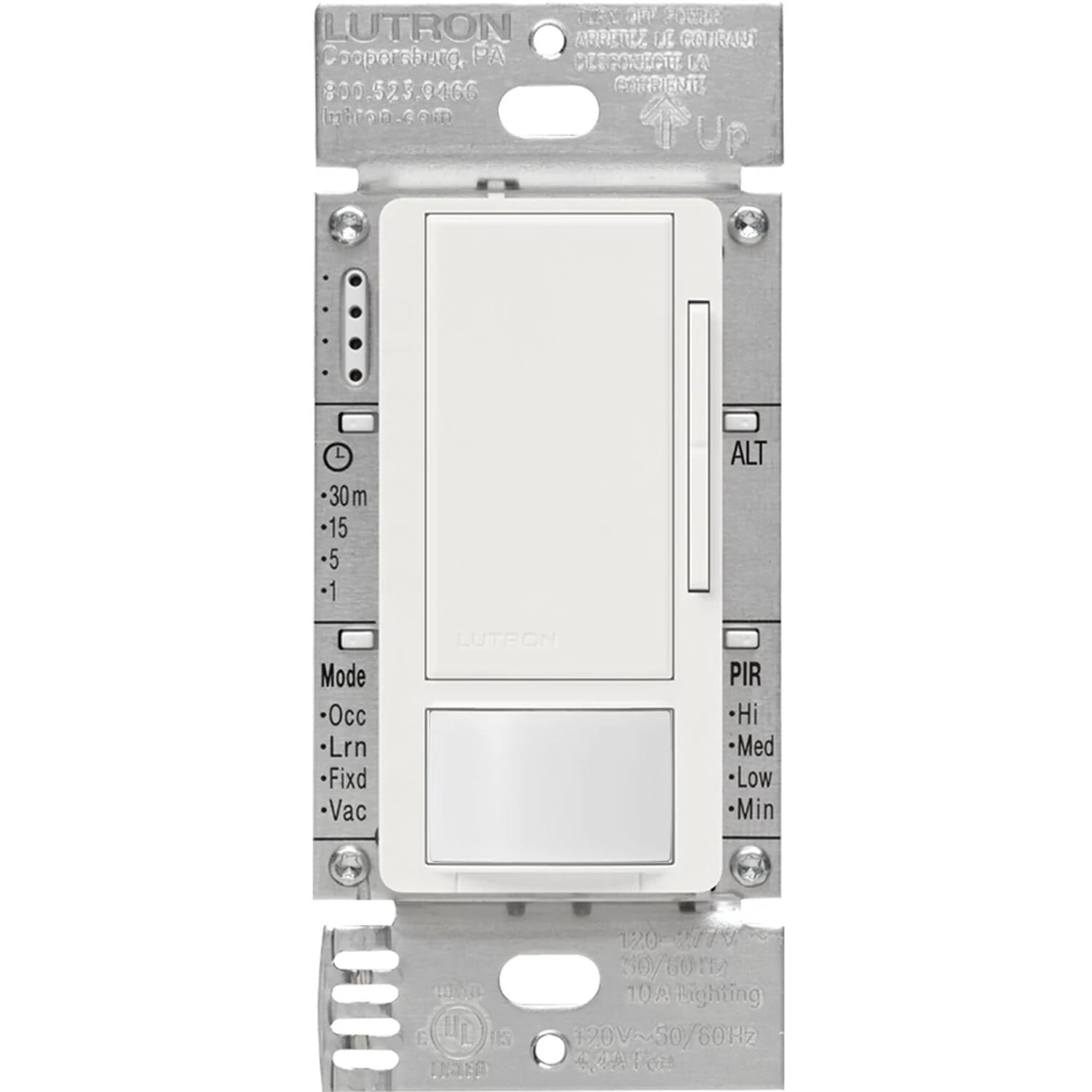 Maestro 0-10V dimmer vacancy sensor, passive infrared, 8A fluorescent ballast or LED driver, 120-277V, in white