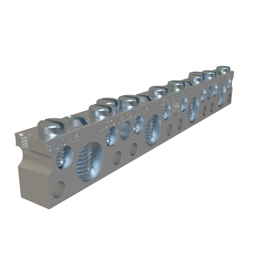 Aluminum Neutral Bar, Dual Rated, Large Conductor Range 1/0-14, Small Range 6-14, 4 Large Ports, 10 Small Ports, 1 Hole, #10 Bolt, UL, CSA
