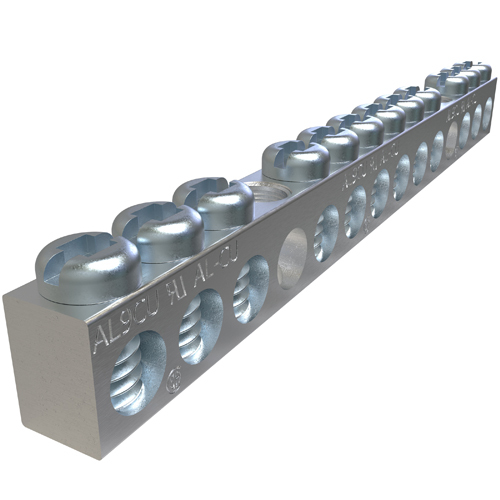 Aluminum Neutral Bar, Dual Rated, Conductor Range 4-14, 12 Ports, 2 Holes, #10 Bolt, Headed Slot Drive, UL, CSA