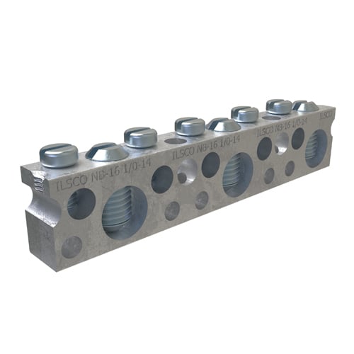 Copper Neutral Bar, Large Conductor Range 1/0-14, Small Range 6-14, 3 Large Ports, 5 Small Ports, 2 Holes, #10 Bolt, UL, CSA