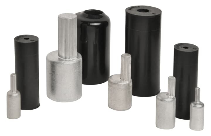Aluminum Solid Pin Terminals Offset Pin Style with Insulating EDPM Rubber Boot, Wire Size 350 kcmil, Overall Length 2.75 Inches (69.85mm), Tin Plated, Die Code 87, Brown