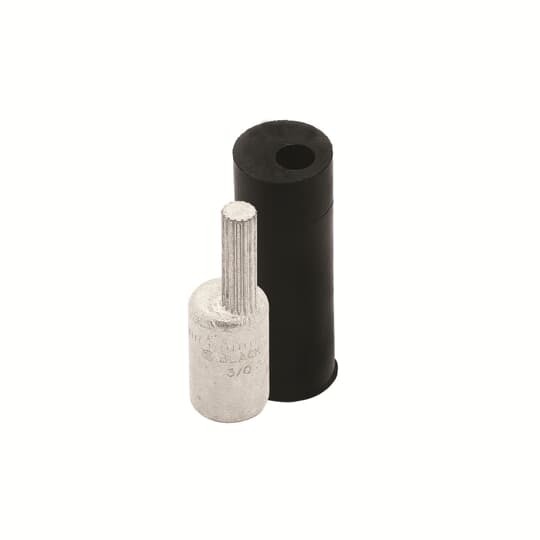 Aluminum Solid Pin Terminals Offset Pin Style with Insulating EDPM Rubber Boot, Wire Size 500 kcmil, Overall Length 3.63 Inches (92.20mm), Tin Plated, Die Code 99, Pink