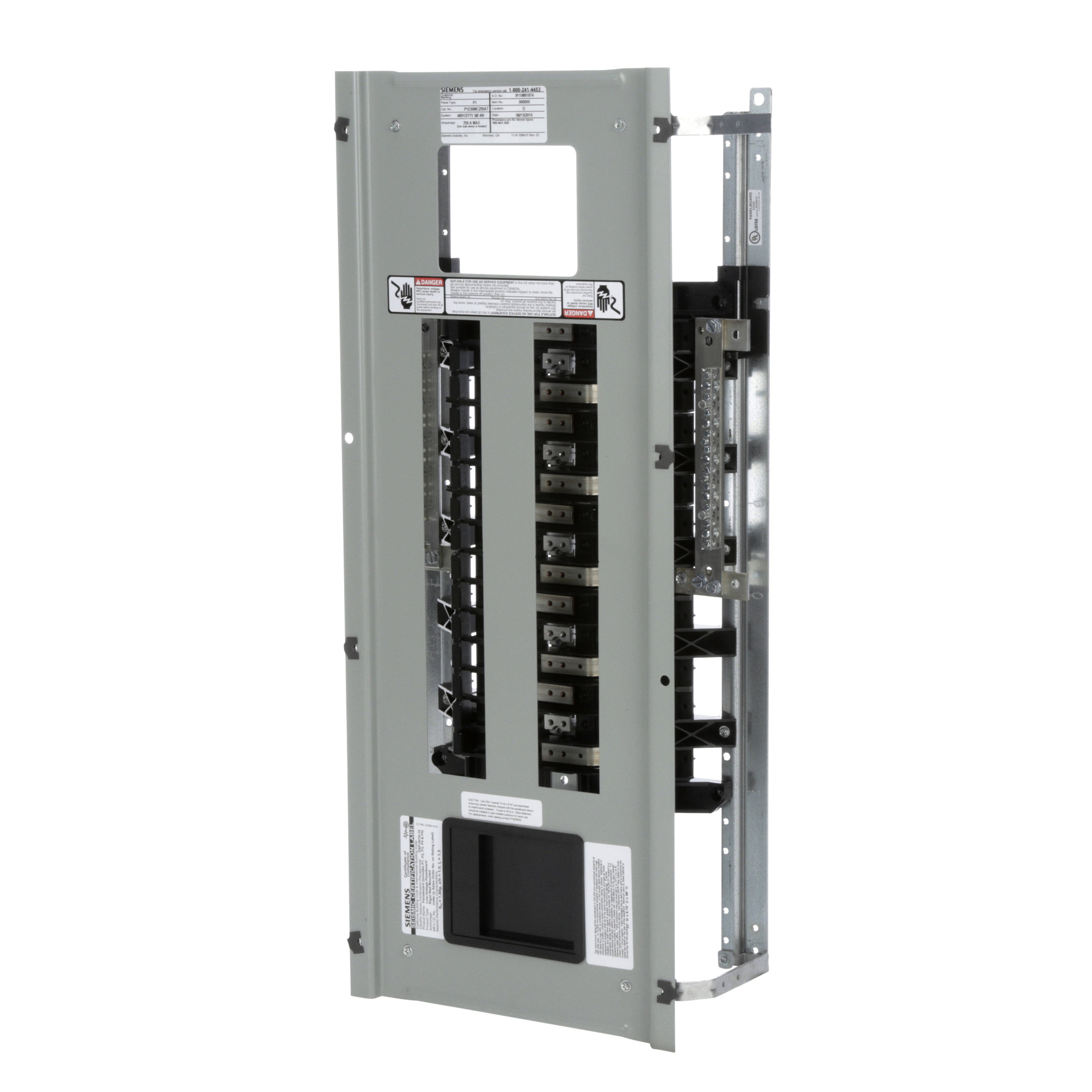  Low Voltage RP1 Unassembled Lighting Panel. Dimensions (H x W x D) IN 38.0 x 20.0 x 5.75. 3-Phase 4-Wire allows 30 circuits user selects Main Device (Lug/Breaker). Rated 480Y/277V (250A). Special features tin-plated aluminum main bus, subfeed space included