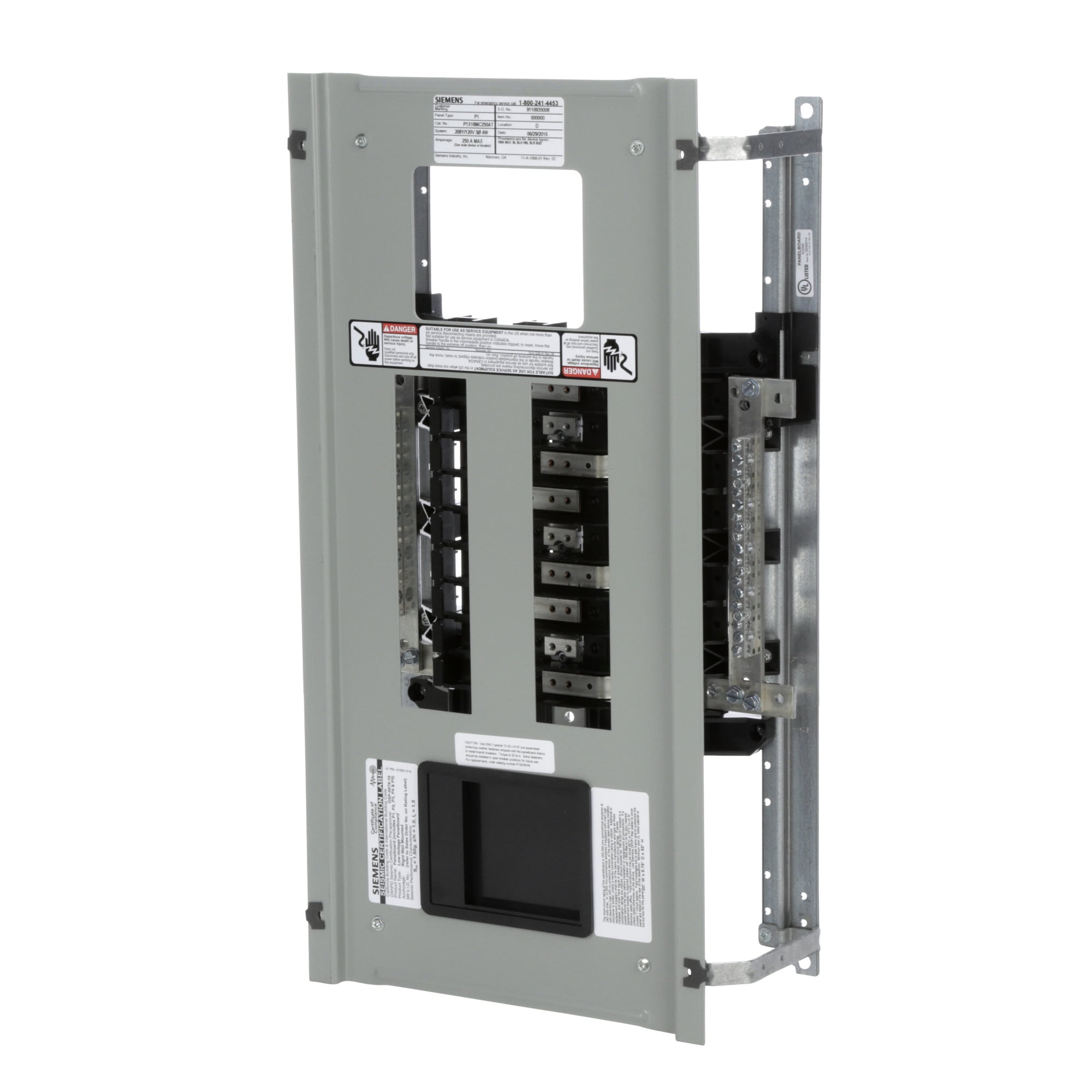  Low Voltage RP1 Unassembled Lighting Panel. Dimensions (H x W x D) IN 32.0 x 20.0 x 5.75. 3-Phase 4-Wire allows 18 circuits user selects Main Device (Lug/Breaker). Rated 208Y/120V (250A). Special features tin-plated aluminum main bus, subfeed space included