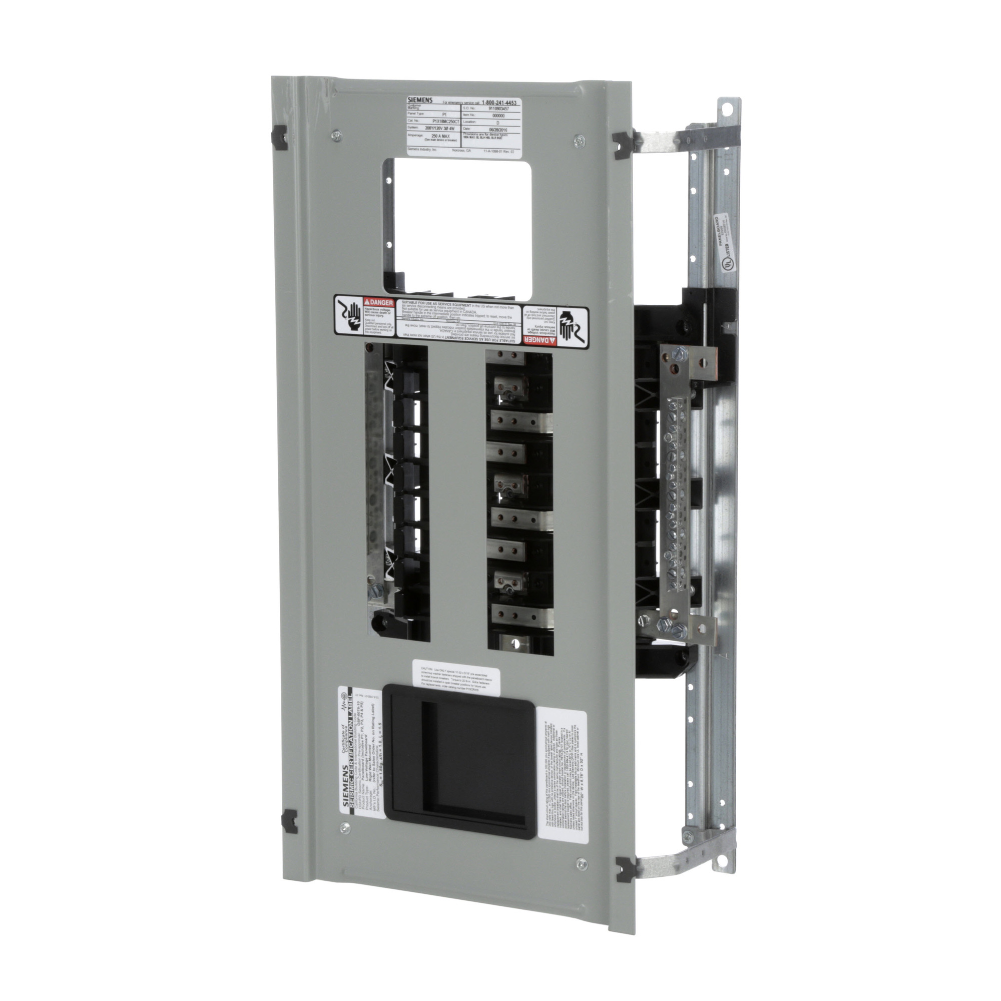 Low Voltage RP1 Unassembled Lighting Panel. Dimensions (H x W x D) IN 32.0 x 20.0 x 5.75. 3-Phase 4-Wire allows 18 circuits user selects Main Device (Lug/Breaker). Rated 208Y/120V (250A). Special features tin-plated copper main bus, subfeed space included