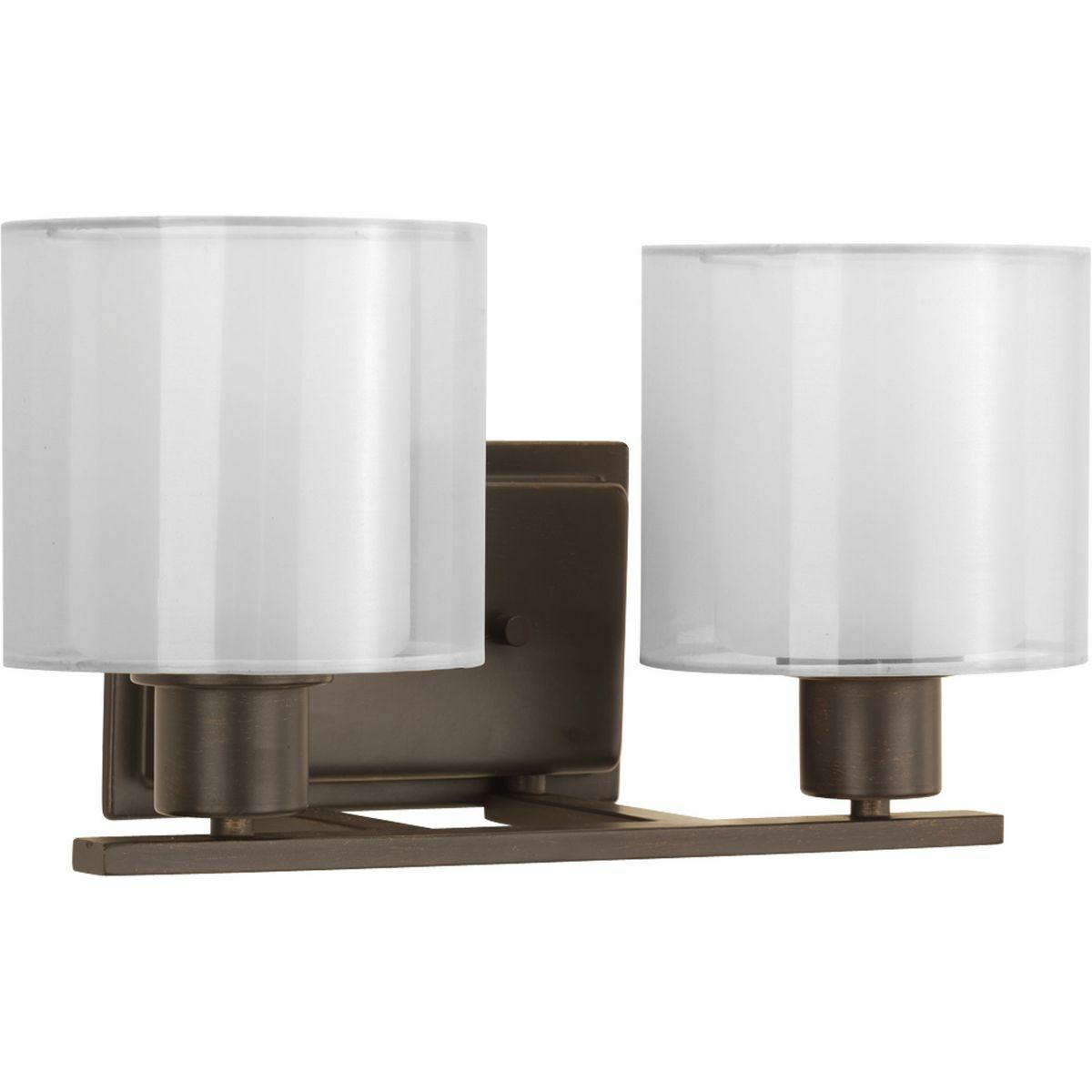 Invite the beauty of light into your home with this Antique Bronze two-light bath fixture. Invite provides a welcoming silhouette with a unique shade comprised of an inner glass globe encircled by a translucent sheer Mylar shade. The rich, layering effect creates a dreamy look that is both elegant and modern. Offered as a complete collection, the Invite styling can be carried throughout your home or as a focal style in a special room.