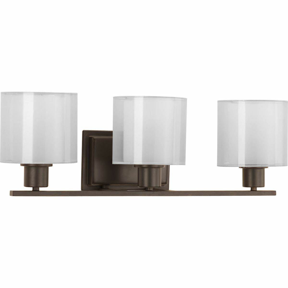 Invite the beauty of light into your home with this Antique Bronze three-light bath fixture. Invite provides a welcoming silhouette with a unique shade comprised of an inner glass globe encircled by a translucent sheer Mylar shade. The rich, layering effect creates a dreamy look that is both elegant and modern. Offered as a complete collection, the Invite styling can be carried throughout your home or as a focal style in a special room.