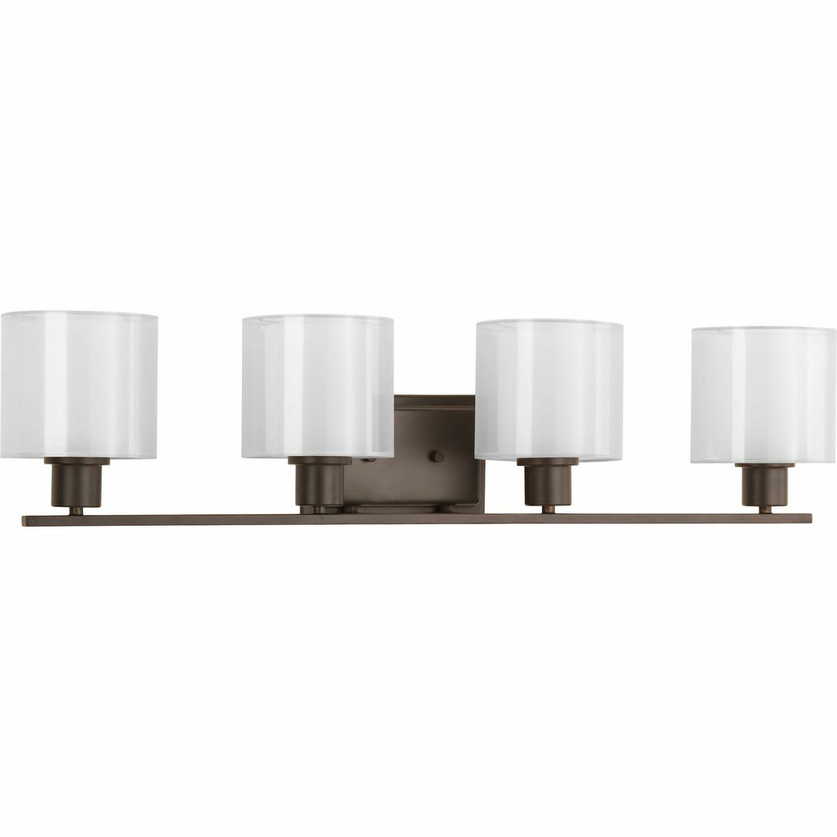 Invite the beauty of light into your home with this Antique Bronze four-light bath fixture. Invite provides a welcoming silhouette with a unique shade comprised of an inner glass globe encircled by a translucent sheer Mylar shade. The rich, layering effect creates a dreamy look that is both elegant and modern. Offered as a complete collection, the Invite styling can be carried throughout your home or as a focal style in a special room.
