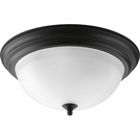 Three-light flush mount with dome shaped alabaster glass, solid trim and decorative knobs. Center lock-up with matching finial. Forged Black finish.