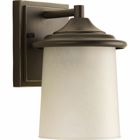Outdoor one-light small wall lantern with an etched umber linen glass shade in an Antique Bronze finish.