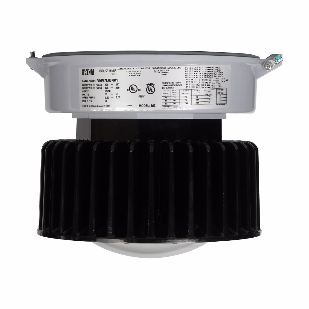 Eaton Crouse-Hinds series Champ Pro PVM LED fixture, Cool white, 150W-175W HID equiv, No guard, Heat and impact resistant glass lens, 7000 lumens, 131 lm/W, Die cast aluminum, No mounting module, Type V,  347-480 Vac, 58W
