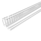 White standard wiring duct, 1 inch wide and 2.25 inches tall, with a 8 to 12mm slot pitch.