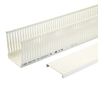 White high density wiring duct, 3 inches wide and 4 inches tall, with a 4 to 6mm slot pitch.