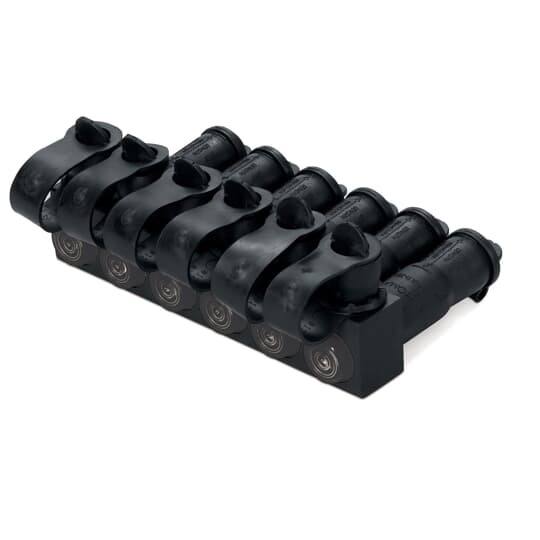 Aluminum Flood-Seal   Multi-Port Connectors - RAB 350 Series, conductor range 12 solid - 350, length 3-5/8 inch, Oxide Inhibitor.   Cap is attached by Strap.