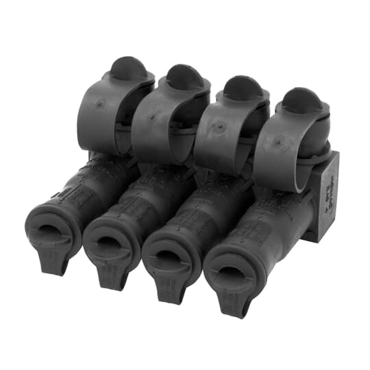 Aluminum  Multi-Port Connectors - RAB 350 Series, conductor range #12 Solid - 350 kcmil, length 4-13/16 inch, Oxide Inhibitor.   4 Outlets, Cap is attached by Strap.