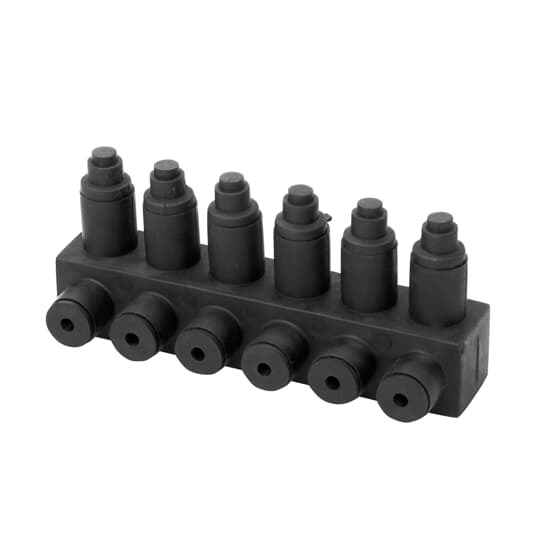 Aluminum Multi-Port Connectors - RAB 350 Series, conductor range 12 sol-350, length 7-1/8 inch, Oxide Inhibitor.   Cap is attached by Strap.