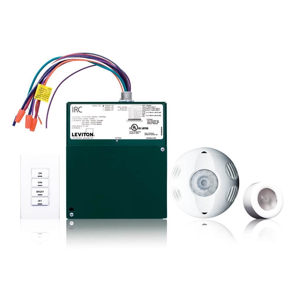 IRC Dimming Room Control Kit. Includes Low Voltage devices. 2 Zone Room Controller w/(2) 0-10V outputs and (2) 120/277V relays. M/T Occupancy Sensor (OSC10-M0W). 4 Button Switch (RLVSW-4LW). Photocell (ODC0P-00W). 120/277VAC. 50/60Hz.