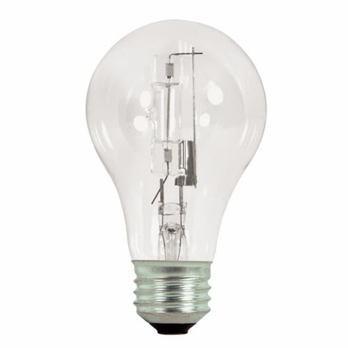 Halogen Type A, Designation: 29A19/HAL/ES/CL/120V 2PK, 120 V, 29 WTT, A19 Shape, E26 Medium Base, Clear, 1000 HR, Lumens: 430 LM Initial, 3000 DEG K Color Temperature, Warm White 4-7/16 IN Length, 2-3/8 IN Diameter