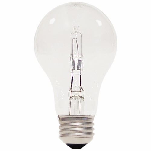 Halogen Type A, Designation: 43A19/HAL/ES/CL/120V 2PK, 120 V, 43 WTT, A19 Shape, E26 Medium Base, Clear, 1000 HR, Lumens: 750 LM Initial, 3000 DEG K Color Temperature, Warm White 4-7/16 IN Length, 2-3/8 IN Diameter
