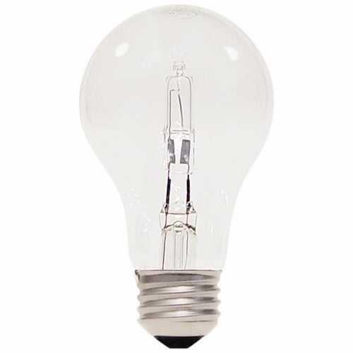 Halogen Type A, Designation: 53A19/HAL/ES/CL/120V 2PK, 120 V, 53 WTT, A19 Shape, E26 Medium Base, Clear, 1000 HR, Lumens: 1050 LM Initial, 3000 DEG K Color Temperature, Warm White 4-7/16 IN Length, 2-3/8 IN Diameter