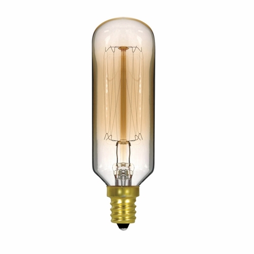 Incandescent Vintage Lamp, Designation: 40T9/GOLD/9S/E12/120V /Vintage, 120 V, 40 WTT, T9 Shape, E12 Candelabra Base, Clear Gold, Cage Style Filament, 3000 HR, Lumens: 20 LM Initial, 5-1/2 IN Length, 1-3/32 IN Diameter