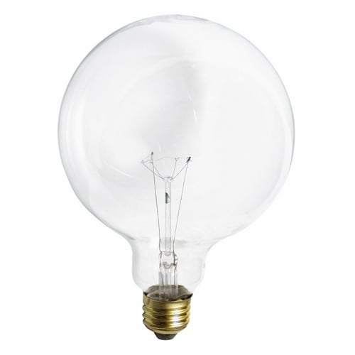 Incandescent Globe Lamp, Designation: 100G40, 120 V, 100 WTT, G40 Shape, E26 Medium Base, Clear, C-9 Filament, 4000 HR, Lumens: 1150 LM Initial, 6-3/4 IN Length, 5 IN Diameter