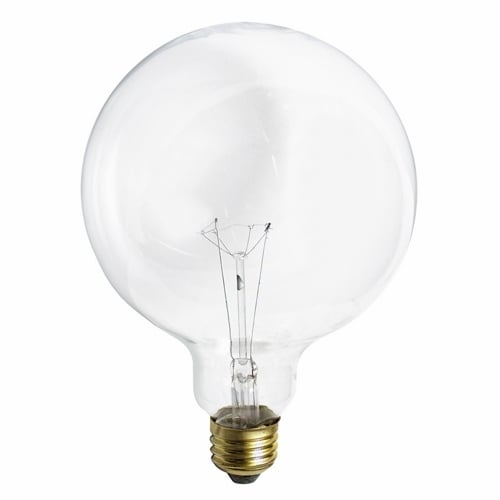 Incandescent Globe Lamp, Designation: 150G40, 120 V, 150 WTT, G40 Shape, E26 Medium Base, Clear, C-9 Filament, 4000 HR, Lumens: 1700 LM Initial, 6-3/4 IN Length, 5 IN Diameter