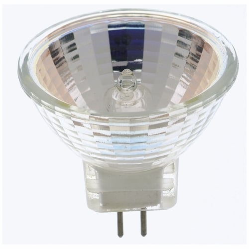 Halogen MR Lamp, Designation: 20MR11/NFL, 12 V, 20 WTT, MR11 Shape, GZ4 Sub Minature 2 Pin Base, C-6 Filament, 2000 HR, 24 DEG Beam Angle, 1-1/4 IN Length, 1-3/8 IN Diameter, Lumens: 500 CP Center Beam