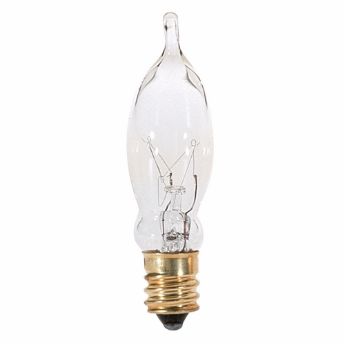 Incandescent Decorative Lamp, Designation: 7 1/2CA5, 120 V, 7.5 WTT, CA5 Shape, E12 Candelabra Base, Clear, C-7A Filament, 1500 HR, Lumens: 40 LM Initial, 2-7/8 IN Length, 5/8 IN Diameter