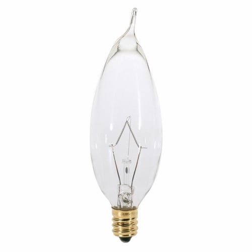 Incandescent Decorative Lamp, Designation: 25CA8, 120 V, 25 WTT, CA8 Shape, E12 Candelabra Base, Clear, CC-2V Filament, 1500 HR, Lumens: 210 LM Initial, 3-5/8 IN Length, 1 IN Diameter