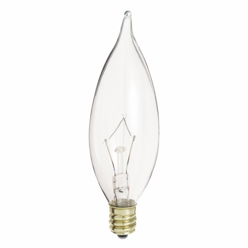 Incandescent Decorative Lamp, Designation: 40CA9 1/2, 120 V, 40 WTT, CA9 1/2 Shape, E12 Candelabra Base, Clear, CC-2V Filament, 1500 HR, Lumens: 370 LM Initial, 3-7/8 IN Length, 1-3/16 IN Diameter