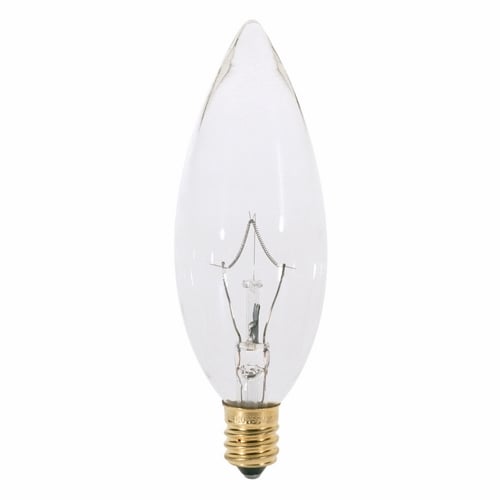 Incandescent Decorative Lamp, Designation: 60B10, 120 V, 60 WTT, B10 Shape, E12 Candelabra Base, Clear, CC-2V Filament, 1500 HR, Lumens: 672 LM Initial, 3-3/4 IN Length, 1-1/4 IN Diameter
