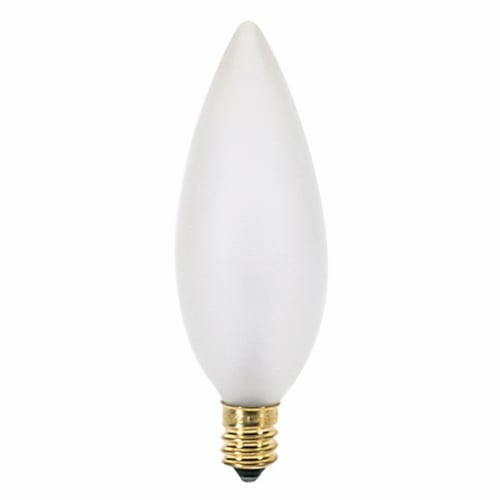 Incandescent Decorative Lamp, Designation: 15BA9 1/2/F, 120 V, 15 WTT, BA9 1/2 Shape, E12 Candelabra Base, Frosted, C-7A Filament, 1500 HR, Lumens: 114 LM Initial, 3-1/2 IN Length, 1-3/16 IN Diameter