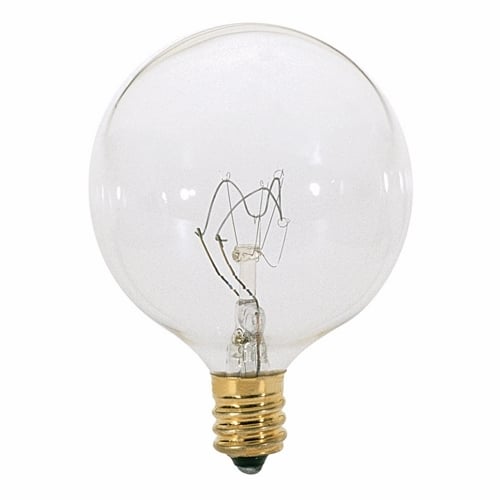 Incandescent Globe Lamp, Designation: 40G16 1/2, 120 V, 40 WTT, G16 1/2 Shape, E12 Candelabra Base, Clear, CC-2V Filament, 1500 HR, Lumens: 384 LM Initial, 3 IN Length, 2-1/16 IN Diameter