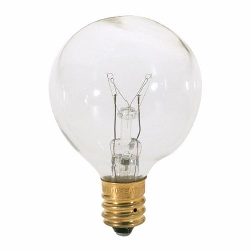 Incandescent Globe Lamp, Designation: 25G12 1/2, 120 V, 25 WTT, G12 1/2 Shape, E12 Candelabra Base, Clear, C-7A Filament, 1500 HR, Lumens: 180 LM Initial, 2-3/8 IN Length, 1-9/16 IN Diameter