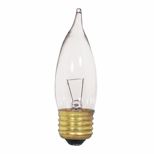 Incandescent Decorative Lamp, Designation: 25CA10/12V, 12 V, 25 WTT, CA10 Shape, E26 Medium Base, Clear, CC-2V Filament, 1500 HR, Lumens: 250 LM Initial, 4-1/4 IN Length, 1-1/4 IN Diameter