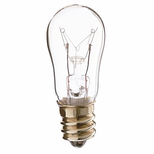 Incandescent Indicator & Sign Lamp, Designation: 6S6, 130 V, 6 WTT, S6 Shape, E12 Candelabra Base, Clear, C-7A Filament, 2500 HR, Lumens: 30 LM Initial, 1-7/8 IN Length, 3/4 IN Diameter