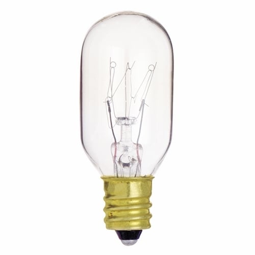 Incandescent Indicator & Sign Lamp, Designation: 15T7C, 130 V, 15 WTT, T7 Shape, E12 Candelabra Base, Clear, C-5A Filament, 2500 HR, Lumens: 95 LM Initial, 2-1/4 IN Length, 7/8 IN Diameter