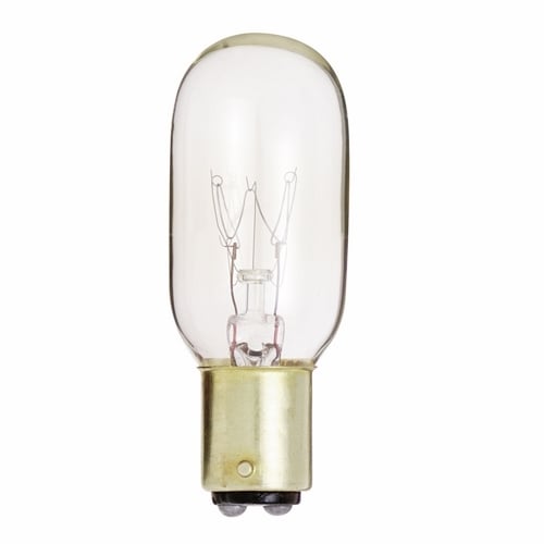 Incandescent Indicator & Sign Lamp, Designation: 25T8/DC, 130 V, 25 WTT, T8 Shape, BA15d DC Bay Base, Clear, C-5A Filament, 2500 HR, Lumens: 190 LM Initial, 2-5/8 IN Length, 1 IN Diameter