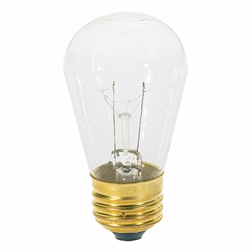 Incandescent Indicator & Sign Lamp, Designation: 11S14, 130 V, 11 WTT, S14 Shape, E26 Medium Base, Clear, CC-9 Filament, 2500 HR, Lumens: 80 LM Initial, 3-1/2 IN Length, 1-3/4 IN Diameter