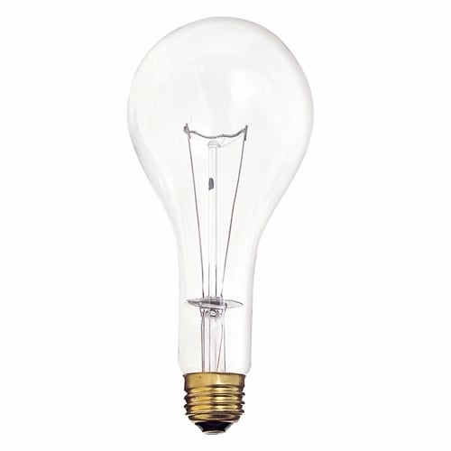 Incandescent General Service Lamp, Designation: 300M/CL, 130 V, 300 WTT, PS25 Shape, E26 Medium Base, Clear, C-9 Filament, 2000 HR, Lumens: 3600 LM Initial, 6-15/16 IN Length, 3-1/8 IN Diameter