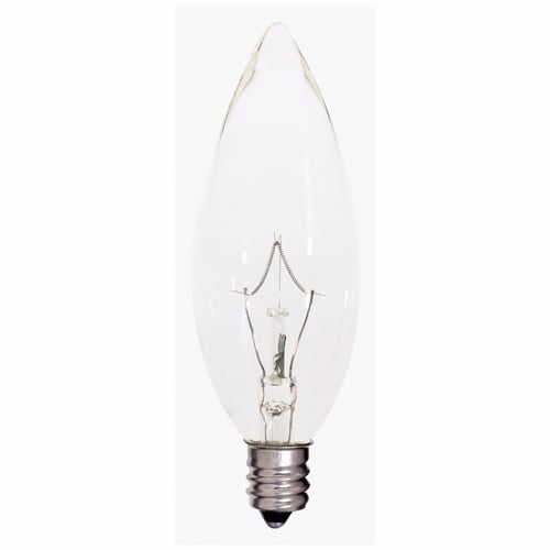 Incandescent Decorative Lamp, Designation: KR25BA9 1/2, 120 V, 25 WTT, BA9 1/2 Shape, E12 Candelabra Base, Clear, CC-2V Filament, 2500 HR, Lumens: 212 LM Initial, 3-7/8 IN Length, 1-3/16 IN Diameter