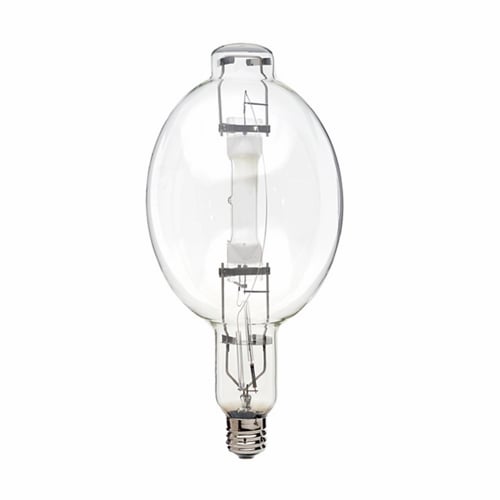 HID Metal Halide Lamp, Designation: MH1000/BT56/U/4K, 1000 WTT, BT56 Shape, E39 Mogul Base, Clear, 10000 HR, Lumens: 105000 LM Initial, 4000 DEG K Color Temperature, Cool White 65 CRI, 15-3/8 IN Length, 7 IN Diameter, Burn Position: Universal