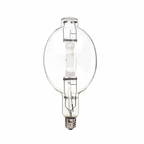 HID Metal Halide Lamp, Designation: MH1500/BT56/U/4K, 1500 WTT, BT56 Shape, E39 Mogul Base, Clear, 3000 HR, Lumens: 167000 LM Initial, 4200 DEG K Color Temperature, Cool White 65 CRI, 15-3/8 IN Length, 7 IN Diameter, Burn Position: Universal