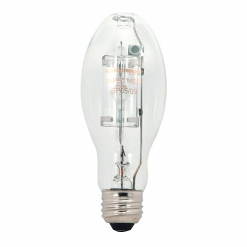 HID Metal Halide Lamp, Designation: MP50/ED17/U/PS, 50 WTT, ED17 Shape, E26 Medium Base, Clear, 6000 HR, Lumens: 3800 LM Initial, 4000 DEG K Color Temperature, Cool White 65 CRI, 5-7/16 IN Length, 2-1/8 IN Diameter, Burn Position: Universal