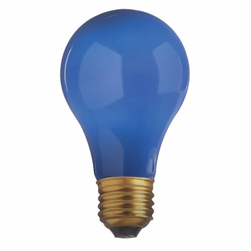 Incandescent General Service Lamp, Designation: 25A/B, 130 V, 25 WTT, A19 Shape, E26 Medium Base, Ceramic Blue, C-9 Filament, 1000 HR, Lumens: 80 LM Initial, 4-1/8 IN Length, 2-3/8 IN Diameter
